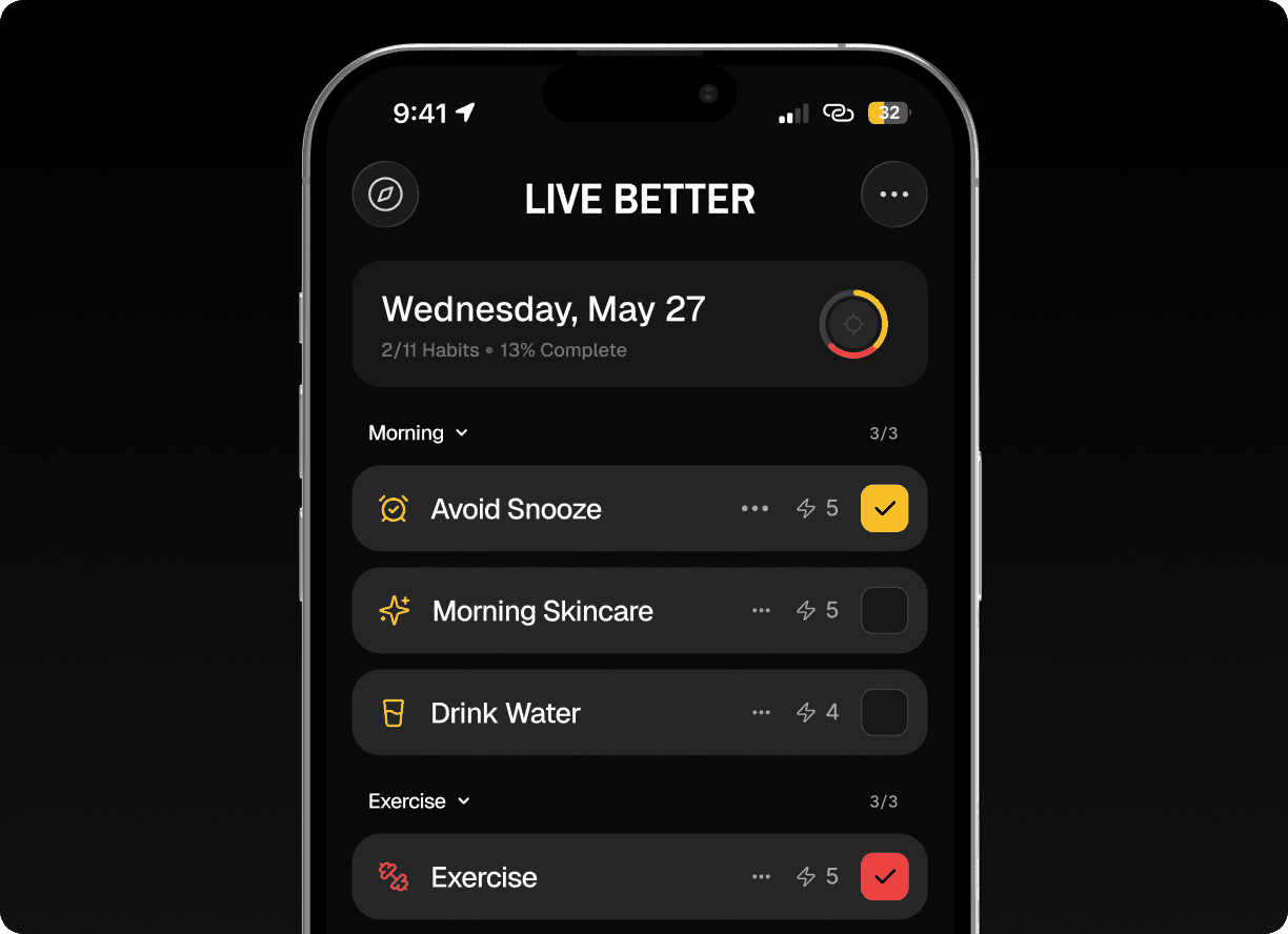 Live Better today screen showing morning and exercise habit groups with daily progress