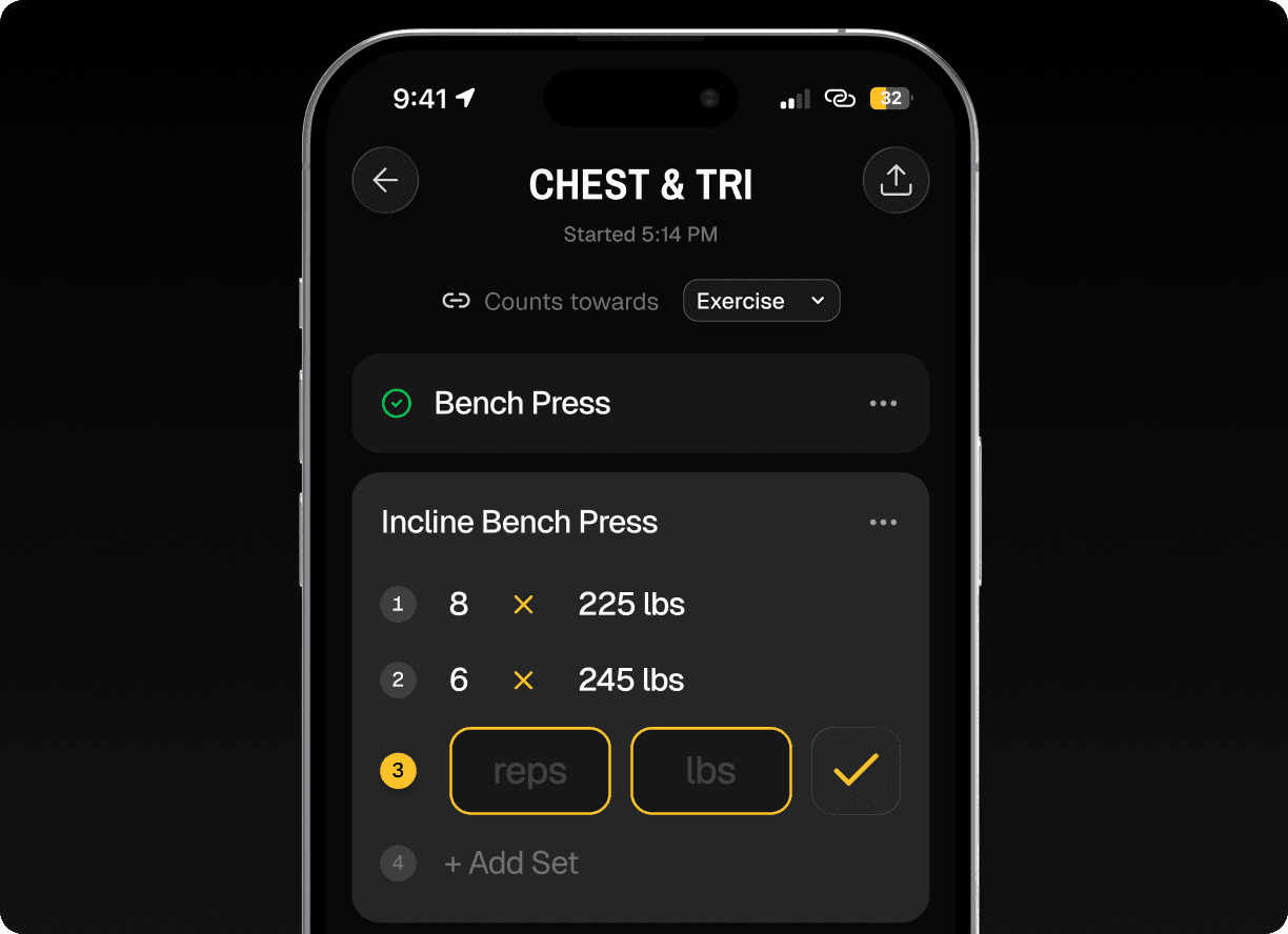 Workout logging screen with sets, reps, and weights for a chest and triceps session